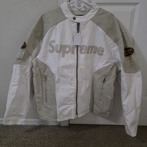 Supreme White and Beige Logo Motorcycle Jacket